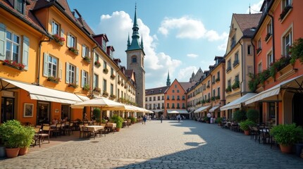 Fototapeta premium Charming European Town Square with Cobblestone Streets