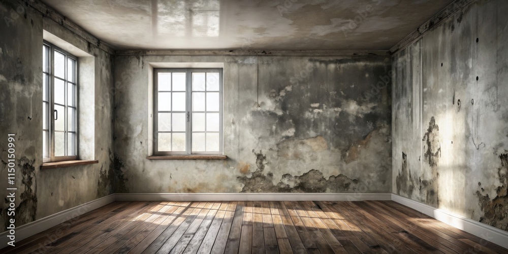 Poster a dilapidated room with distressed walls and hardwood floors, illuminated by natural light filtering