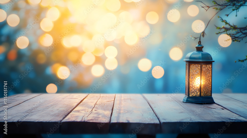 Poster metal lantern creating a cozy ambiance on a wooden table, with a background of blurred bokeh lights,