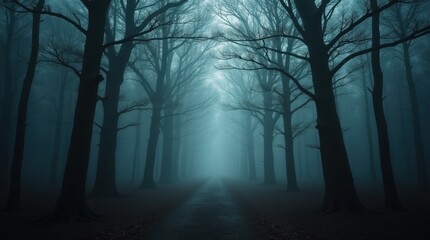 Obraz premium Dark Moody Forest with Towering Trees and Mist