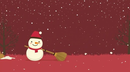 Festive Snowman with Broom Under a Snowy Night Sky