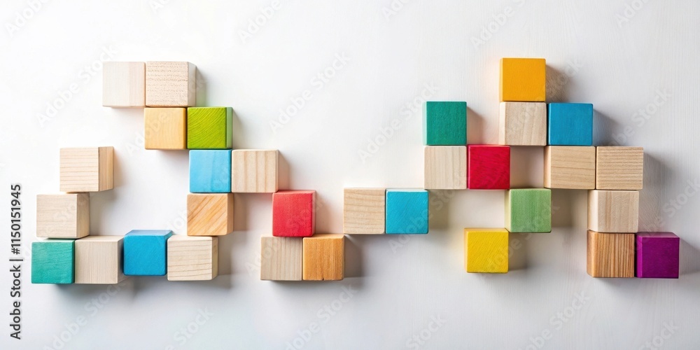 Poster colorful wooden blocks arranged in a playful pattern on a white surface