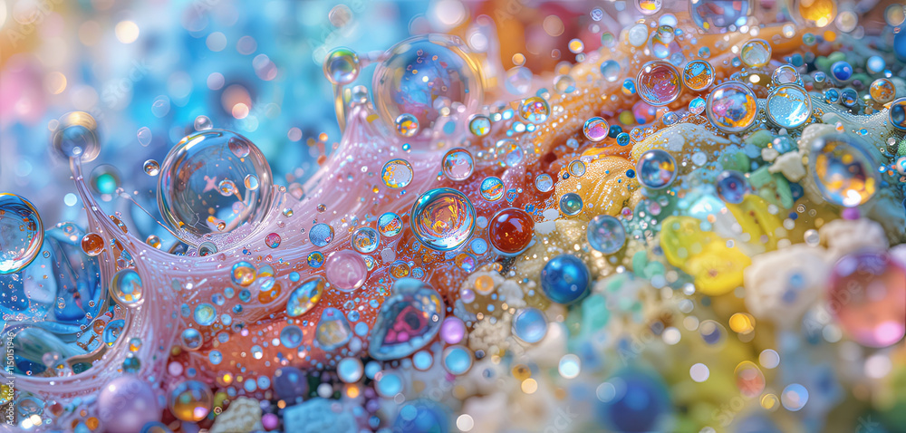 Poster close-up view reveals a mesmerizing array of colorful bubbles and droplets that interact with a spec