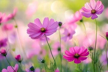 Fototapeta premium Pink Cosmos Flowers Bloom in Soft Sunlight