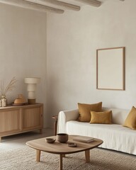 Minimalist living room with beige sofa, wooden furniture, and neutral decor.