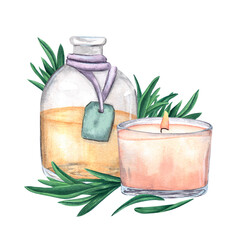 Rosemary sprigs and glass bottle with oil, liquid and candle in glass. Watercolor isolated composition, illustration on background. For design, logos, decor, menu, printing.