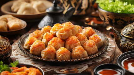 Arabic sweets and aromatic tea set on a beautifully adorned table, adding a joyful ambiance to ramadan festivities