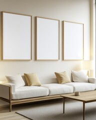 Minimalist living room with white sofa, wooden coffee table, and three blank frames on a beige wall.