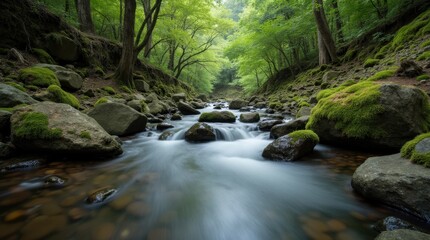 Obraz premium Serene Forest Stream with Mossy Rocks