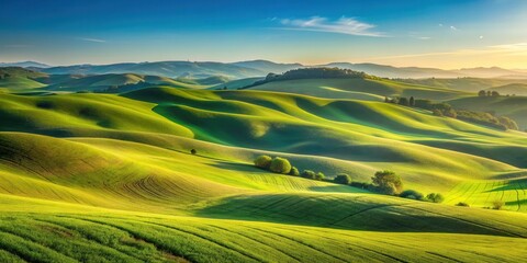 Obraz premium Serene Rolling Hills at Sunrise A Breathtaking Panorama of Lush Green Fields and Gentle Slopes