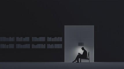 Obraz premium Serene Silhouette of a Reader in a Dark Library Setting with Bookshelves Illuminated by Soft Light Creating a Calm and Tranquil Atmosphere for Literary Escape