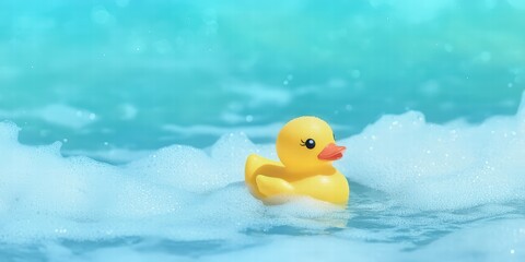 Yellow Rubber Duck Floating on Blue Waves with Soap Bubbles