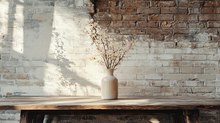 Rustic Exposed Brick Wall with Worn Farmhouse Table Minimalist Product Backdrop Background Neutral Minimalist Simple Minimal Color, Beige, Tan, White, Vase