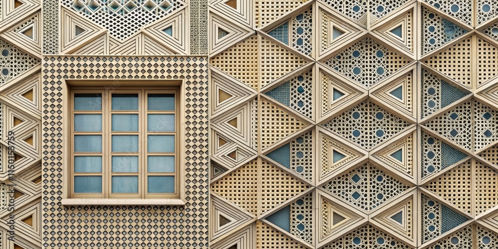 Aufkleber Intricate Geometric Facade with a Single Pane Window Featuring a Complex Array of  Triangles and Latticework Patterns