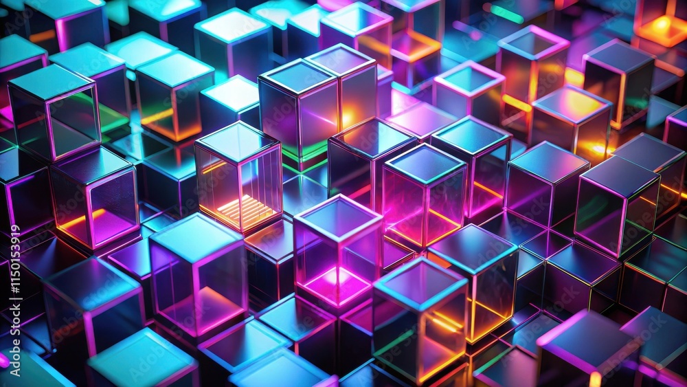 Fototapete abstract neon cubes a vibrant array of glowing geometric shapes in a futuristic digital landscape.