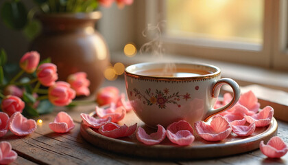 Fototapeta premium Steaming cup of tea surrounded by rose petals and flowers on rustic wooden table, creating a cozy ambiance