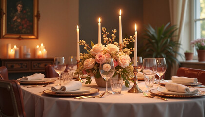 Elegant dinner table setting with candles and floral arrangement for a romantic celebration or special occasion