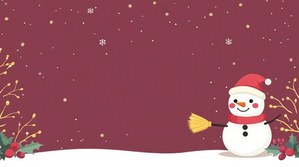 Adorable Snowman with Santa Hat and Broom on Burgundy Christmas Background