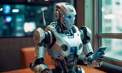 Fototapeta premium Robots and people in everyday life,Mobile communication,The concept of future technology