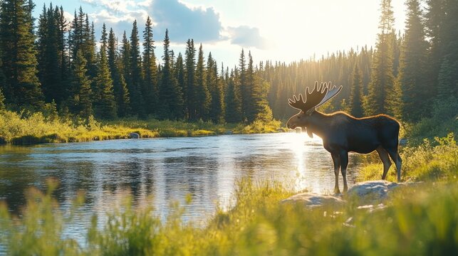 Majestic moose by a serene river in a lush forest at sunset.