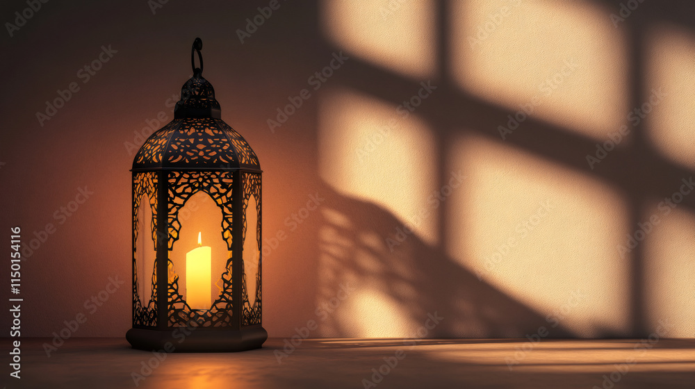 Poster elegant metal lantern with a burning candle, casting mesmerizing shadows and setting a serene ramada