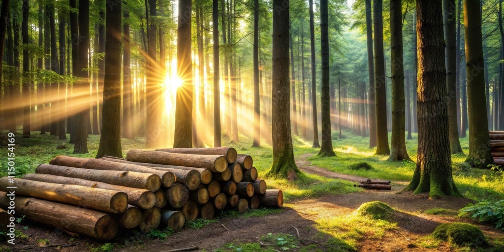 Poster golden sunrise rays illuminate a serene forest path, casting long shadows on a stack of freshly cut 