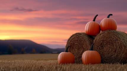 Beautiful Autumn Sunset with Pumpkin Display on Hay Bales Overlooking a Serene Harvest Landscape in Rural Setting