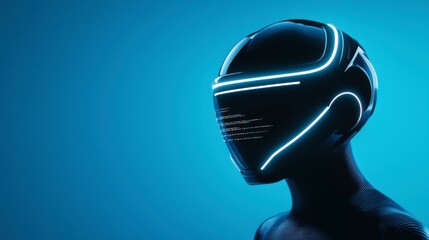 Futuristic Cybernetic Helmet with Neon Blue Lights and Abstract Coding, Highlighting Modern Technology and Sci-Fi Aesthetics in an Innovative Design