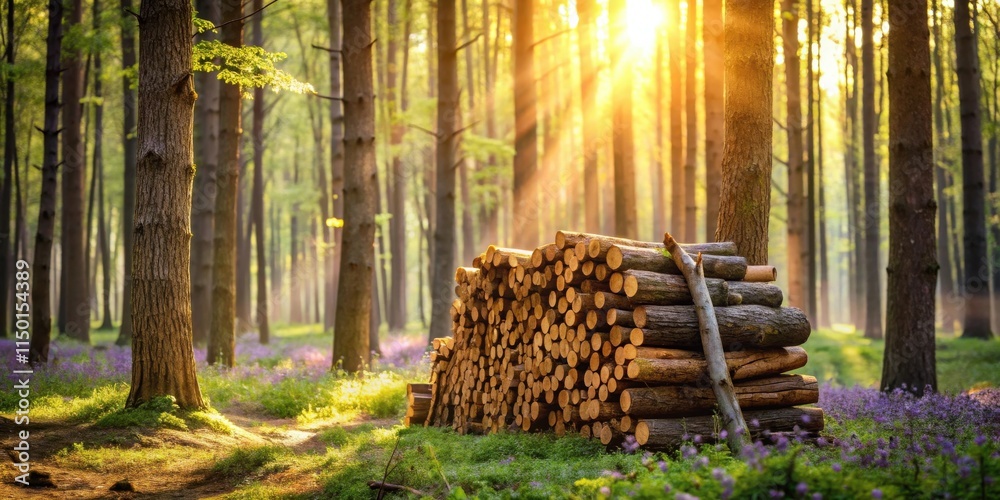 Aufkleber Golden sunlight streams through a forest, illuminating a neat stack of logs resting amidst wildflowers.