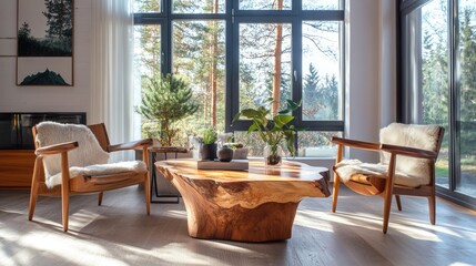 Rustic live edge table and wooden armchairs against of windows. Scandinavian interior design of modern living room.