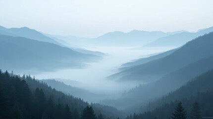 Obraz premium Panoramic Fog-Covered Valley with Mountain Peaks