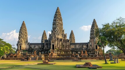 Naklejka premium An iconic Wat in Thailand, with detailed murals and ceremonial structures, a true cultural masterpiece,