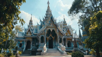 Naklejka premium An iconic Wat in Thailand, with detailed murals and ceremonial structures, a true cultural masterpiece,