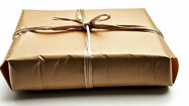 Brown packaged gift with string tied around it on a plain background ready for presentation or delivery
