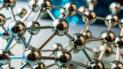 This close-up showcases a molecular structure made of shiny metallic spheres linked by thin rods. The intricate design highlights the connections among the elements against a softly blurred backdrop