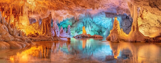 Captivating Subterranean Landscape with Colorful Illumination in Mysterious Cave
