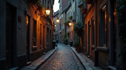 Fototapeta premium Glowing Vintage Street Lamp in a Quiet Cobblestone Alley at Dusk