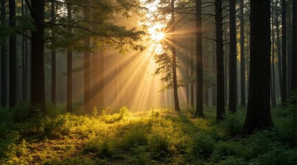 Golden Light Streaming Through Forest Trees