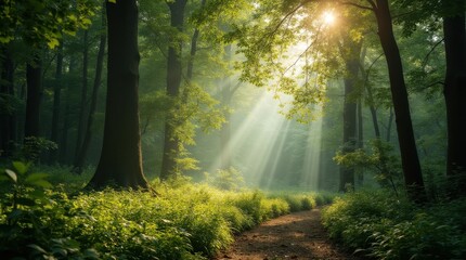 Obraz premium Dappled Sunlight in a Quiet Forest Glade