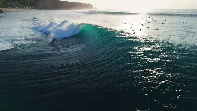 Surfers on surfboard riding on perfect barrel wave. Surfing on perfect ocean waves.