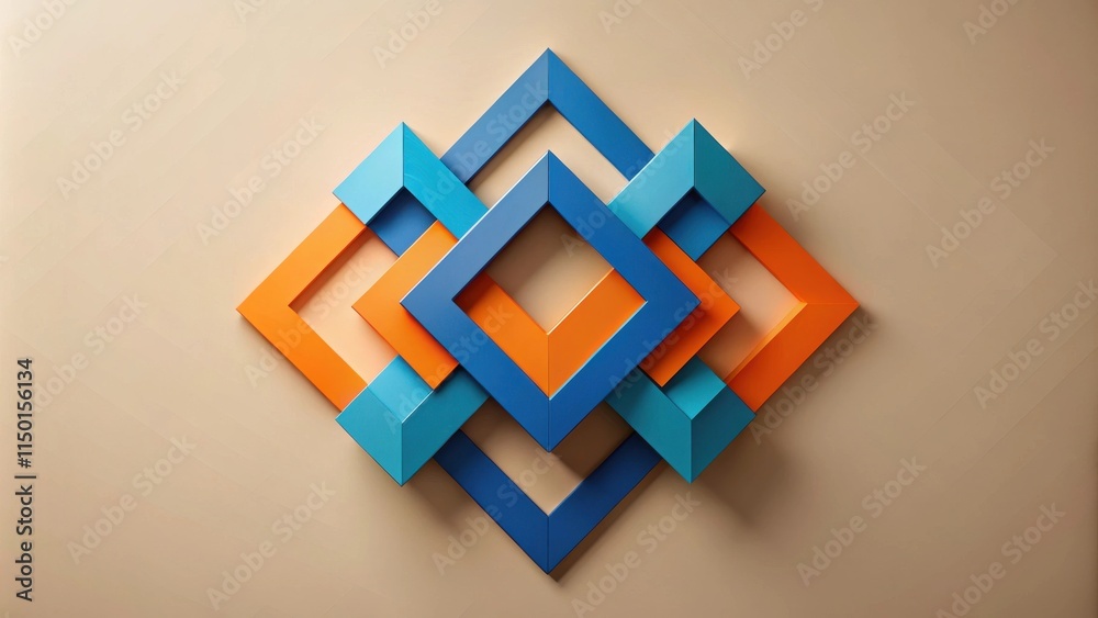 Poster abstract interlocking blue and orange square design on beige background