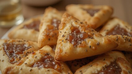 Close-up of triangular pastries with sesame seeds and filling.