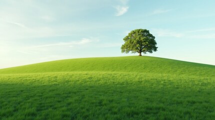 Rolling Hill with Oak Tree and Lush Grass