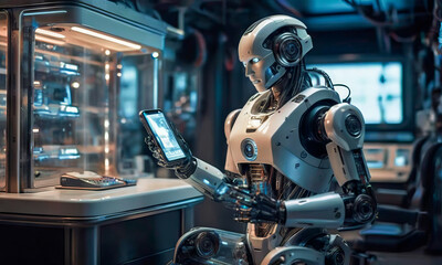 Fototapeta premium Robots and people in everyday life,Mobile communication,The concept of future technology