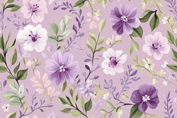A seamless floral pattern with intricate flowers and leaves in pink, green, and lavender