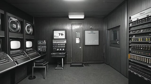 Retro Tech Room Vintage Computer Console Monitors Equipment 1970s Data Center Technology Black and