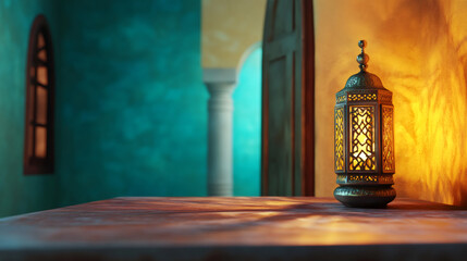 Radiant golden light emanating from an ornate lantern, casting a spiritual glow in a beautifully decorated interior for ramadan