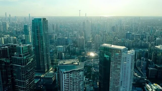 Drone view of a modern city with many steel and glass skyscrapers.