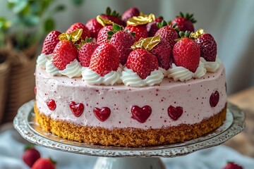 Delightful strawberry cake with decorative toppings on a elegant stand. Generative AI