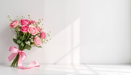 Elegant bouquet of pink roses with ribbon on a white background for special occasions